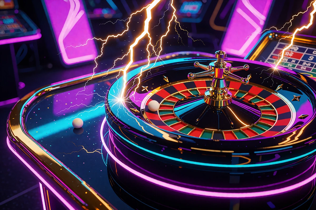 Koło ruletki z błyskawicami nad stołem w neonowym studiu - kasyno live z ruletką Lightning w V.Vegas