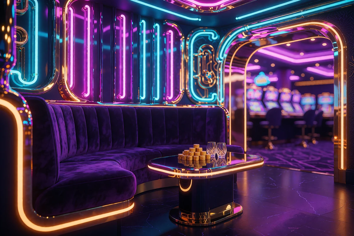 Pusta salonka VIP z fioletową kanapą, żetonami i neonowymi pasami - program VIP kasyna V.Vegas