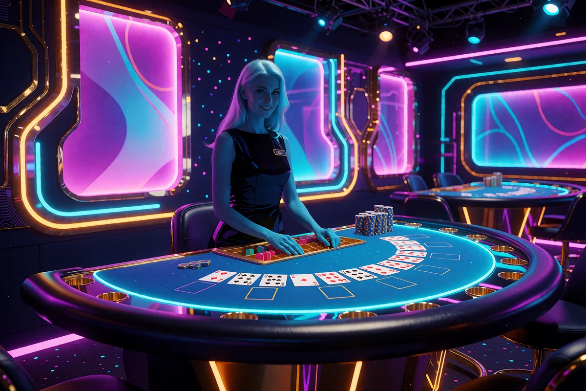 Ilustracja: krupierka przy neonowym stole do blackjacka w studiu kasyna live - gra z prawdziwym krupierem w V.Vegas