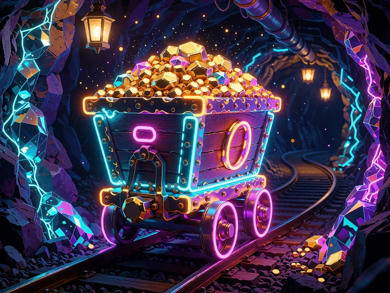W&oacute;zek kopalniany pełen złota i klejnot&oacute;w w neonowym tunelu - motyw slot&oacute;w Megaways w katalogu V.Vegas